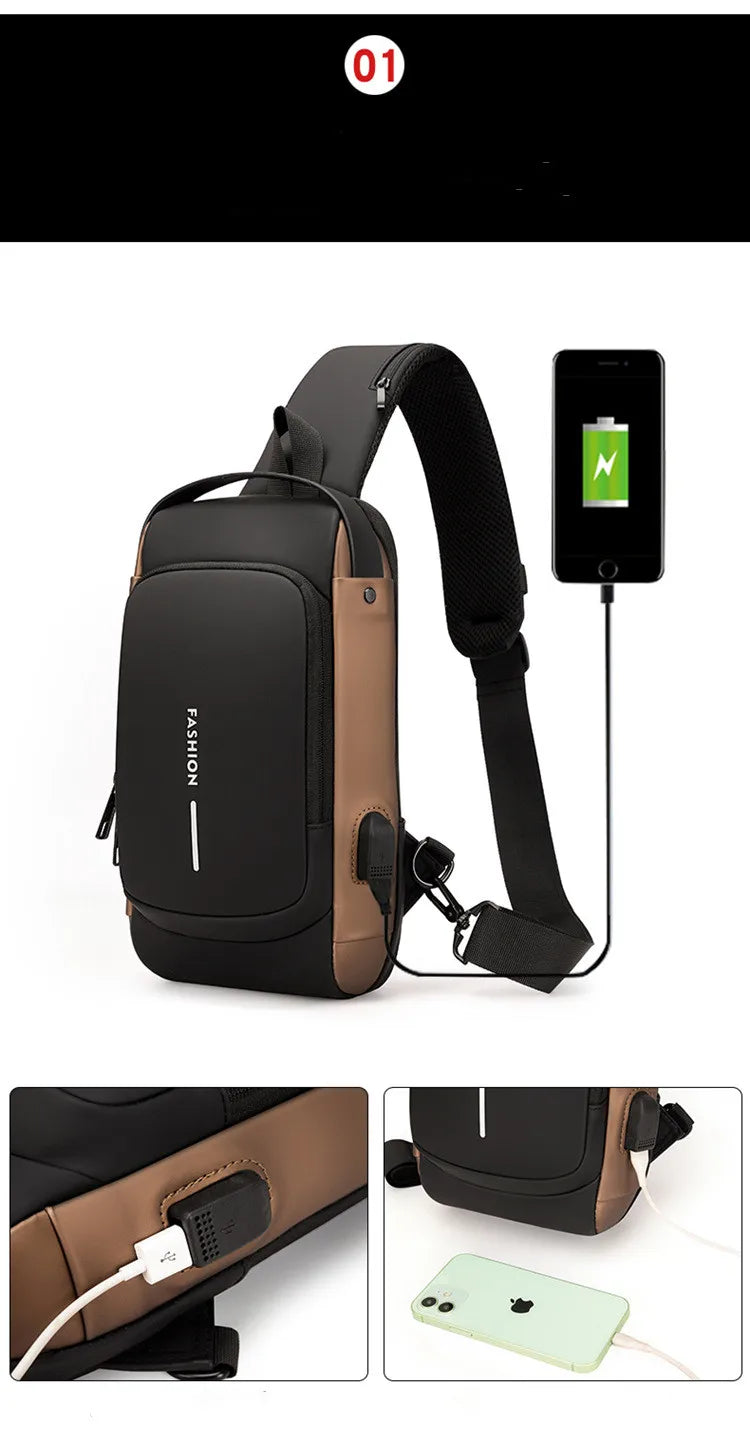 Bolsa de peito crossbody impermeável para homens, bolsa de ombro USB