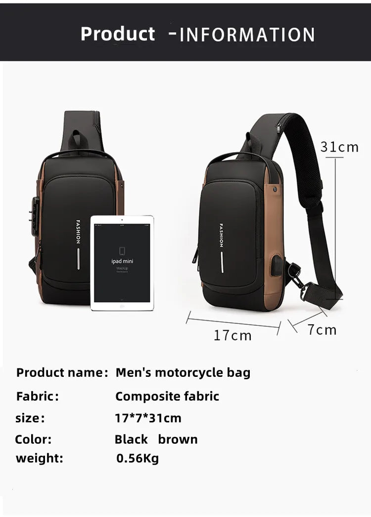 Bolsa de peito crossbody impermeável para homens, bolsa de ombro USB