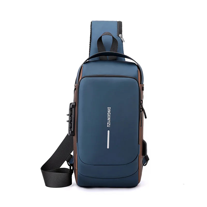 Bolsa de peito crossbody impermeável para homens, bolsa de ombro USB